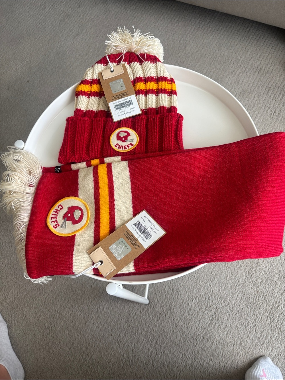 NFL Chiefs Red and Cream Knit Pom Beanie & Scarf Set